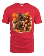 Autumn Pinecone Acorn Leaves Graphic T-Shirt Fall Nature Tee - red t-shirt on white background