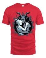 Dark Demon Embrace Gothic Fantasy Graphic T-Shirt Art - red t-shirt on white background
