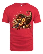 Autumn Harvest Cornucopia Graphic T-Shirt Fall Season Tee - red t-shirt on white background
