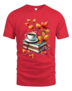 Cozy Autumn Books Coffee Graphic T-Shirt Fall Reading Tee - red t-shirt on white background