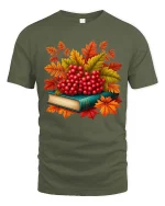 Autumn Berries Book Stack Graphic T-Shirt Cozy Fall Tee - military green t-shirt on white background