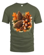 Autumn Pinecone Acorn Leaves Graphic T-Shirt Fall Nature Tee - military green t-shirt on white background