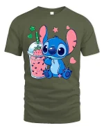 Cute Alien Smoothie Graphic T-Shirt Kawaii Drink Tee - military green t-shirt on white background