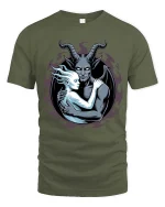Dark Demon Embrace Gothic Fantasy Graphic T-Shirt Art - military green t-shirt on white background