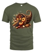 Autumn Harvest Cornucopia Graphic T-Shirt Fall Season Tee - military green t-shirt on white background