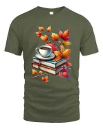 Cozy Autumn Books Coffee Graphic T-Shirt Fall Reading Tee - military green t-shirt on white background