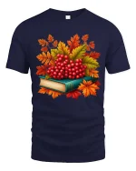 Autumn Berries Book Stack Graphic T-Shirt Cozy Fall Tee - navy t-shirt on white background