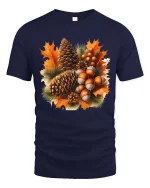Autumn Pinecone Acorn Leaves Graphic T-Shirt Fall Nature Tee - navy t-shirt on white background
