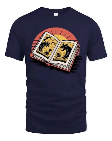Fantasy Story Book Dragon Graphic T-Shirt Reading Lover Tee - navy t-shirt on white background
