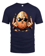 Cracked Egg Rock Hand Graphic T-Shirt Funny Attitude Tee - navy t-shirt on white background