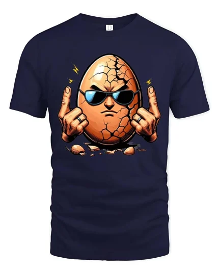 Cracked Egg Rock Hand Graphic T-Shirt Funny Attitude Tee - navy t-shirt on white background