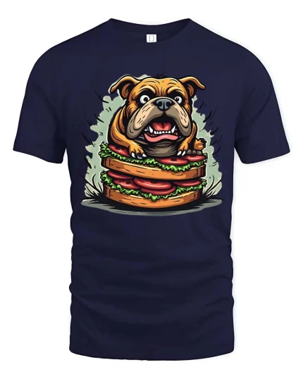 Funny Bulldog Sandwich Graphic T-Shirt Hungry Dog Tee - navy t-shirt on white background