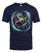 Anime Power Burst Hero Graphic T-Shirt Neon Action Tee - navy t-shirt on white background