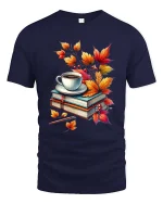 Cozy Autumn Books Coffee Graphic T-Shirt Fall Reading Tee - navy t-shirt on white background
