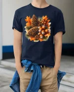 Autumn Pinecone Acorn Leaves Graphic T-Shirt Fall Nature Tee - model wearing navy tee with hands in pockets