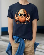 Cracked Egg Rock Hand Graphic T-Shirt Funny Attitude Tee - model wearing navy tee with hands in pockets