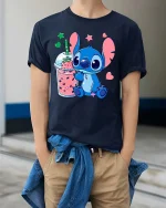 Cute Alien Smoothie Graphic T-Shirt Kawaii Drink Tee - model wearing navy tee with hands in pockets