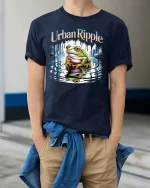 Urban Ripple Frog Graphic T-Shirt City Water Reflection Tee - model wearing navy tee with hands in pockets