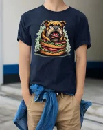 Funny Bulldog Sandwich Graphic T-Shirt Hungry Dog Tee - model wearing navy tee with hands in pockets