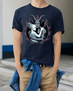 Dark Demon Embrace Gothic Fantasy Graphic T-Shirt Art - model wearing navy tee with hands in pockets