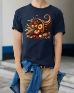 Autumn Harvest Cornucopia Graphic T-Shirt Fall Season Tee - model wearing navy tee with hands in pockets
