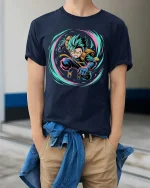 Anime Power Burst Hero Graphic T-Shirt Neon Action Tee - model wearing navy tee with hands in pockets