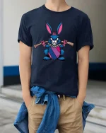 Punk Rebel Bunny Graphic T-Shirt Cute Attitude Street Tee - model wearing navy tee with hands in pockets