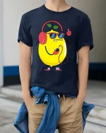 Cool Lemon Music Vibes Graphic T-Shirt Funny Fruit Tee - model wearing navy tee with hands in pockets