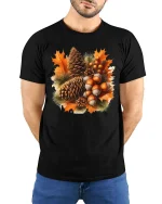 Autumn Pinecone Acorn Leaves Graphic T-Shirt Fall Nature Tee - model wearing black tee with hands behind back