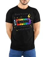 Dont Let Their Energy Change Yours Graphic T-Shirt Tee - model wearing black tee with hands behind back