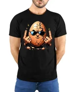 Cracked Egg Rock Hand Graphic T-Shirt Funny Attitude Tee - model wearing black tee with hands behind back