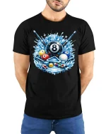 Cool Billiards 8 Ball Splash Graphic T-Shirt Pool Player Tee - model wearing black tee with hands behind back