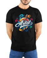 Colorful Artist Tools Graphic T-Shirt Creative Art Tee - model wearing black tee with hands behind back