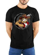 Outlaw Cowboy Shooter Graphic T-Shirt Wild West Rebel Tee - model wearing black tee with hands behind back