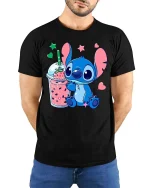 Cute Alien Smoothie Graphic T-Shirt Kawaii Drink Tee - model wearing black tee with hands behind back