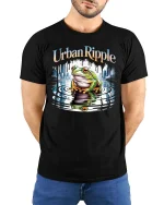 Urban Ripple Frog Graphic T-Shirt City Water Reflection Tee - model wearing black tee with hands behind back