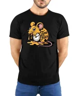 Melting Time Flies Mouse Graphic Funny Cartoon T-Shirt - model wearing black tee with hands behind back