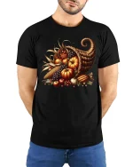 Autumn Harvest Cornucopia Graphic T-Shirt Fall Season Tee - model wearing black tee with hands behind back
