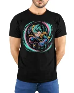 Anime Power Burst Hero Graphic T-Shirt Neon Action Tee - model wearing black tee with hands behind back