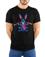 Punk Rebel Bunny Graphic T-Shirt Cute Attitude Street Tee - model wearing black tee with hands behind back