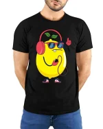 Cool Lemon Music Vibes Graphic T-Shirt Funny Fruit Tee - model wearing black tee with hands behind back