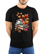 Cozy Autumn Books Coffee Graphic T-Shirt Fall Reading Tee - model wearing black tee with hands behind back