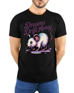 Dreams Drift Away Mouse Graphic T-Shirt Cute Surreal Tee - model wearing black tee with hands behind back