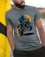 Night Rider Sport Bike Graphic T-Shirt Street Racing Tee - model wearing grey tee, leaning on column
