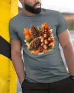 Autumn Pinecone Acorn Leaves Graphic T-Shirt Fall Nature Tee - model wearing grey tee, leaning on column