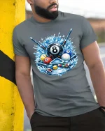 Cool Billiards 8 Ball Splash Graphic T-Shirt Pool Player Tee - model wearing grey tee, leaning on column