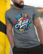 Colorful Artist Tools Graphic T-Shirt Creative Art Tee - model wearing grey tee, leaning on column