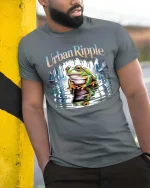 Urban Ripple Frog Graphic T-Shirt City Water Reflection Tee - model wearing grey tee, leaning on column