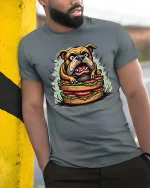 Funny Bulldog Sandwich Graphic T-Shirt Hungry Dog Tee - model wearing grey tee, leaning on column