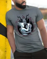 Dark Demon Embrace Gothic Fantasy Graphic T-Shirt Art - model wearing grey tee, leaning on column